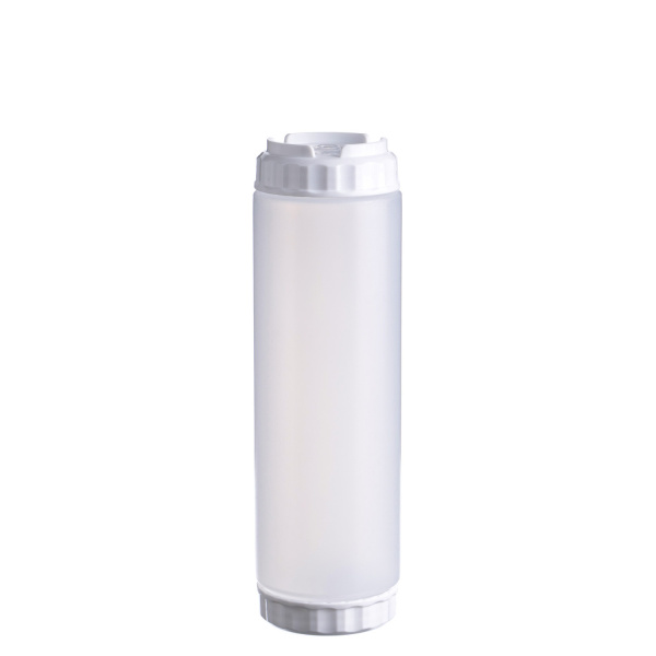 Емкость для соуса 750 мл. d=70 мм. h=237 мм. с 2 крышками, с силик. носик. широкая прозрачная, крышки белые GP /1/96/